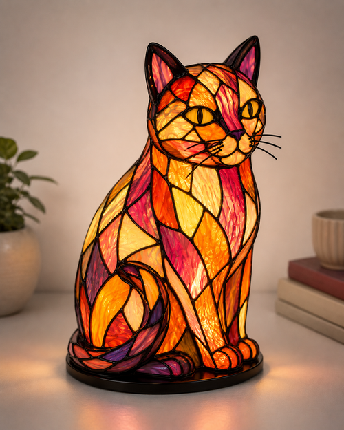 Handmade Stained Glass Cat Lamp