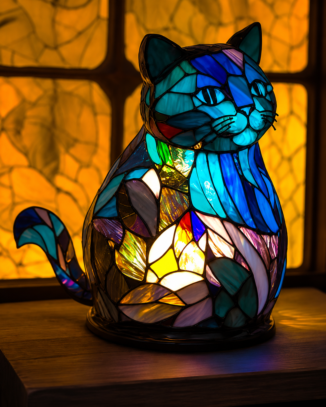 Handmade Stained Glass Cat Lamp